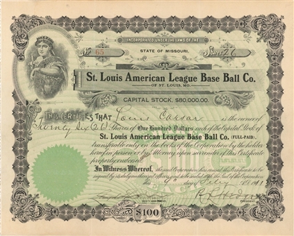 1911 St. Louis Browns Capital Stock Certificate 